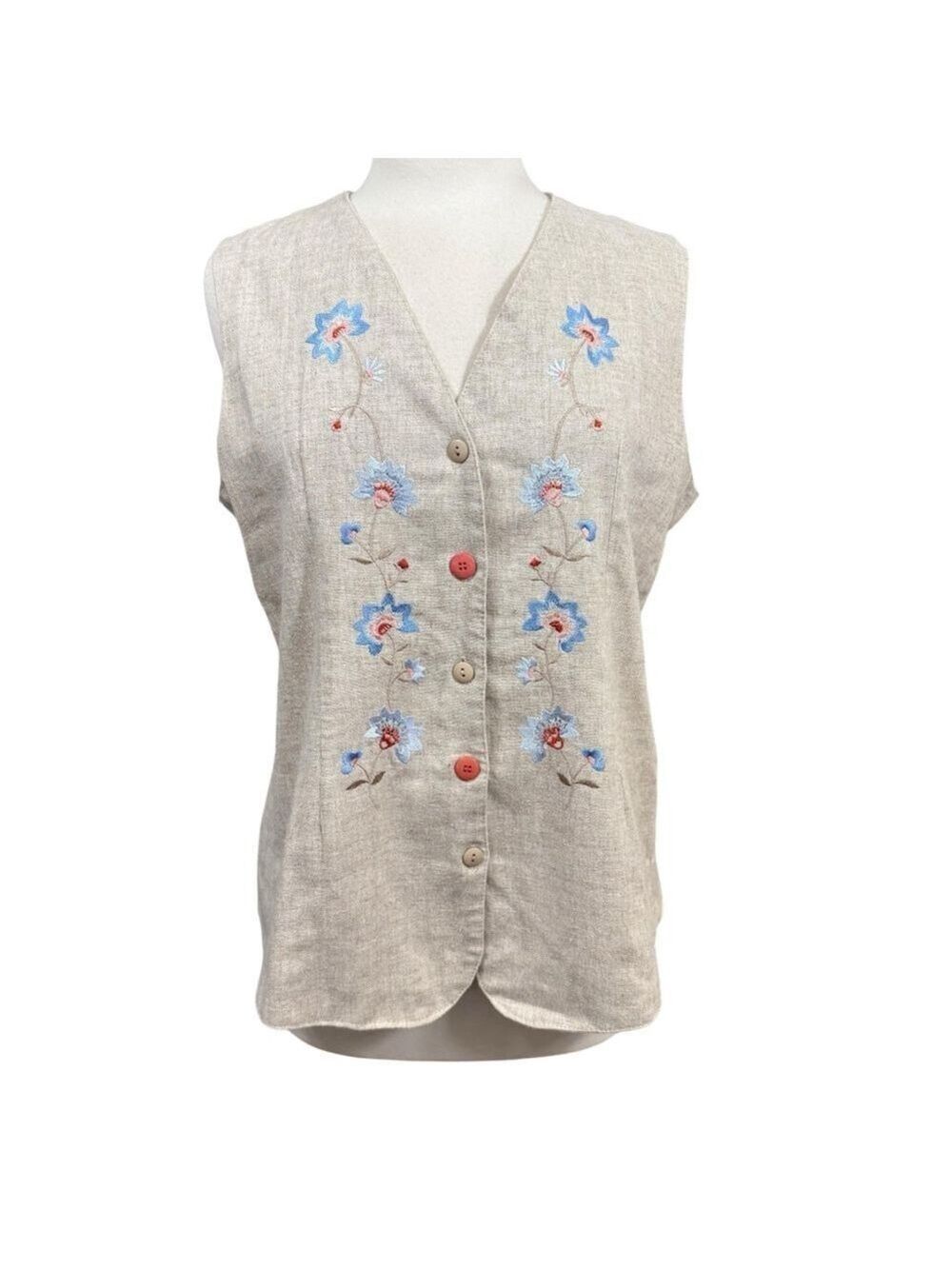 Vintage Petite Sophisticate Vest Size L Beige Embroidered Floral Made in USA